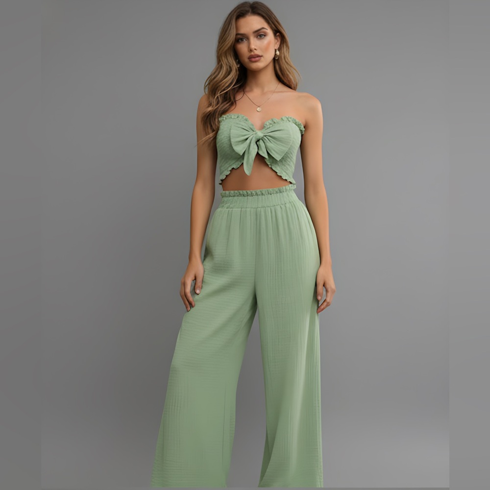 Green  Tie Front Tube Top & Wide Leg Pants